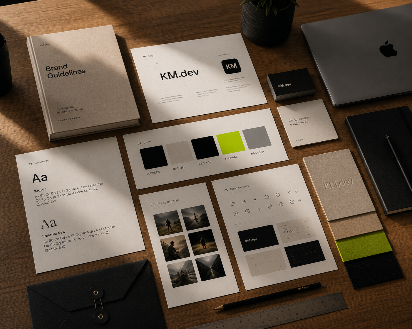 KM.dev brand identity system — guidelines, logo, colors and typography