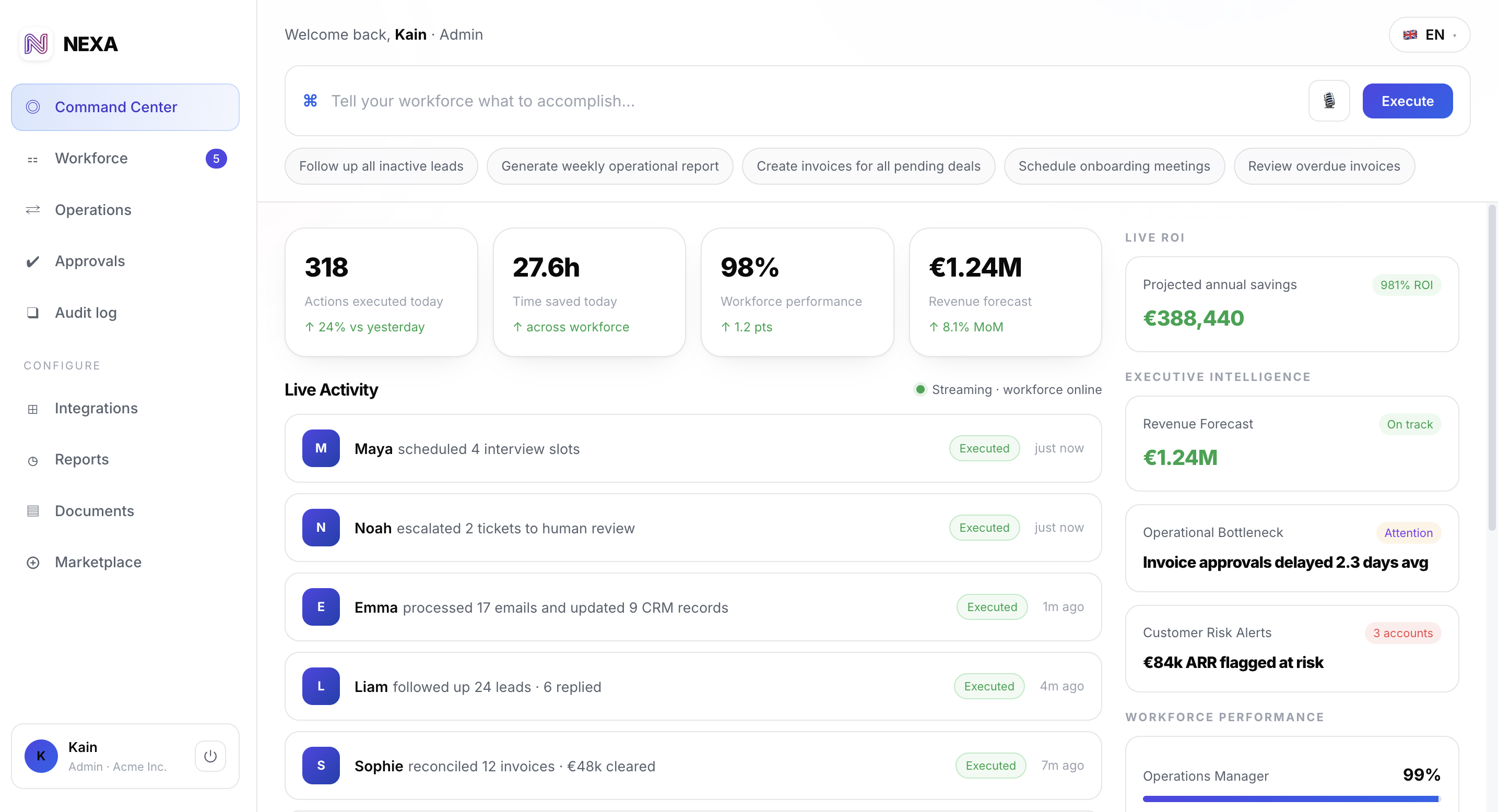 NEXA Command Center — live activity & executive intelligence